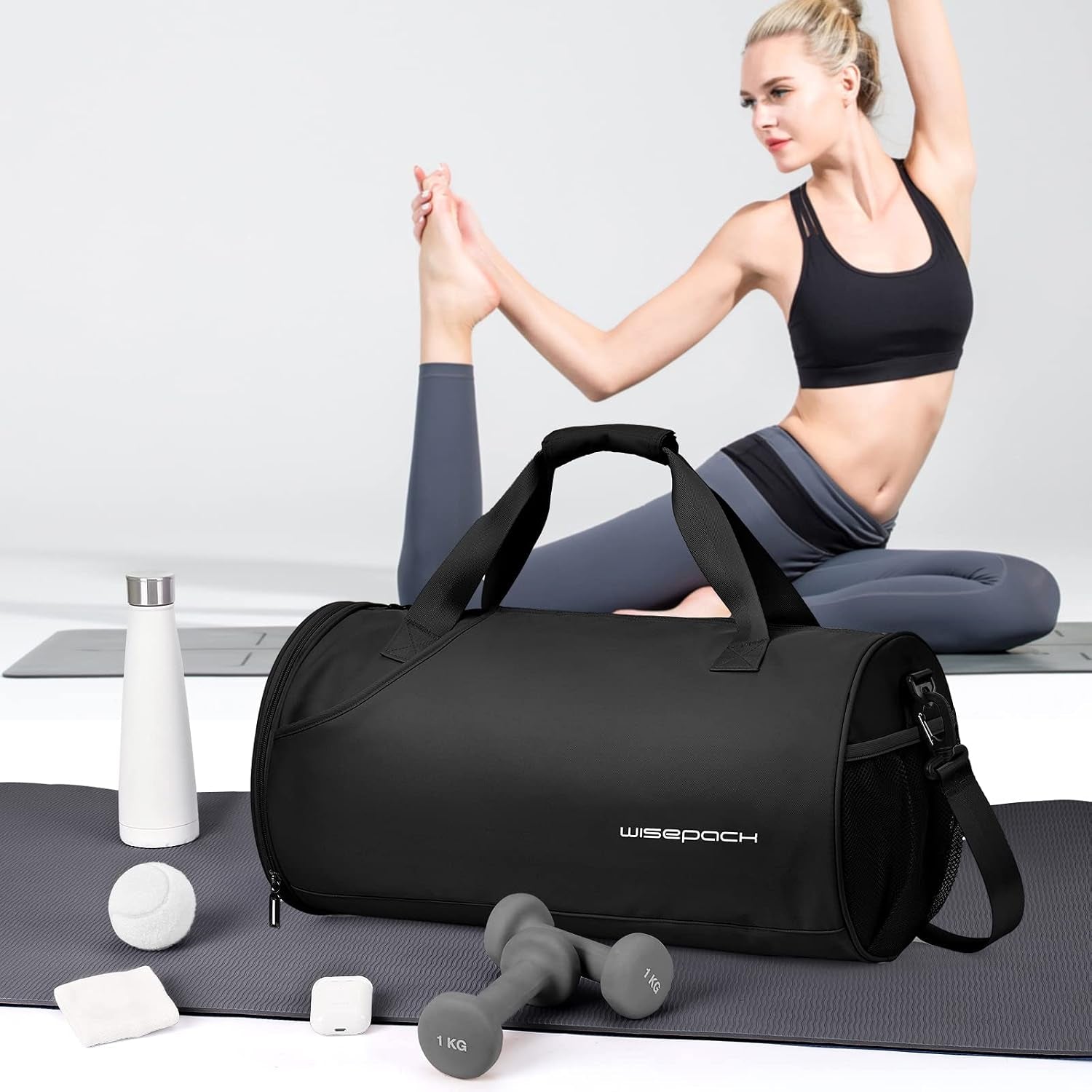Gym Bag for Women & Men with Wet & Shoe Compartment - Small Duffle Bag for Travel, Sport, Gym, Workout & Overnight Use - Black
